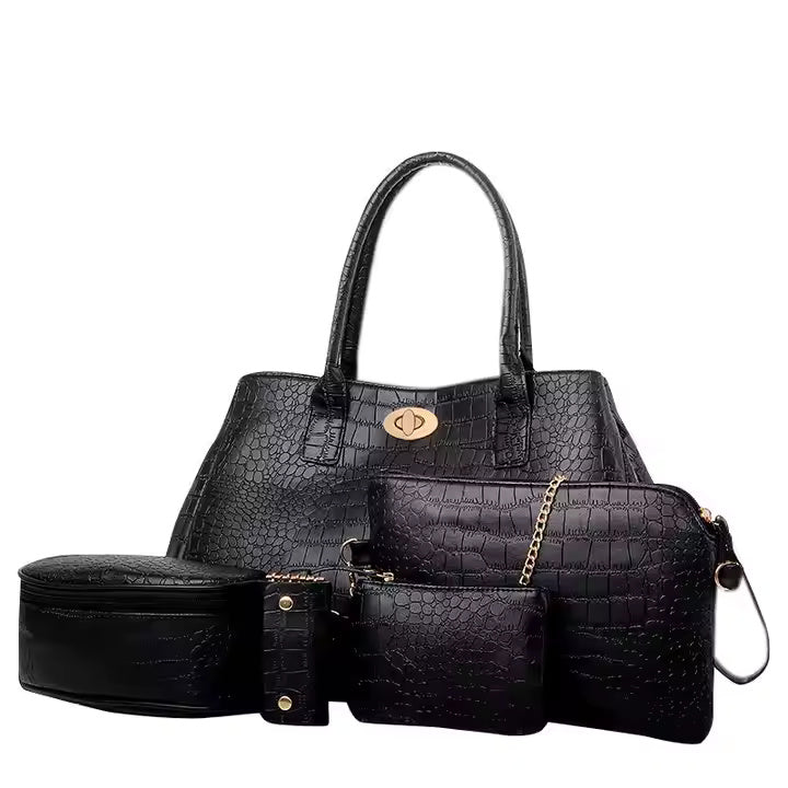 Set 5 Genti Piele Ecologică, Aspect Reptilă, Negru