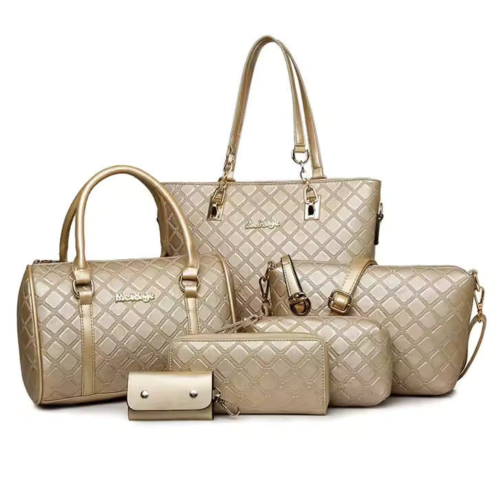 Set 6 Genti din Piele Ecologică, Model Romb, Crem