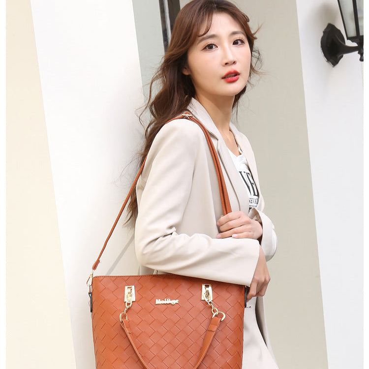 Set 6 Genti din Piele Ecologica, Model Impletit, Cognac