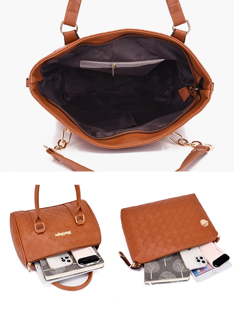 Set 6 Genti din Piele Ecologica, Model Impletit, Cognac