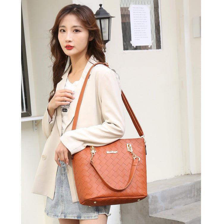 Set 6 Genti din Piele Ecologica, Model Impletit, Cognac