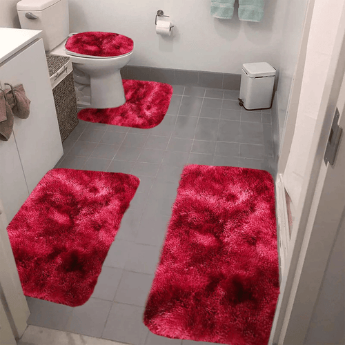 Set 4 Covorașe de Baie Antiderapante, material pufos, Roșu – Ofertele Zilei