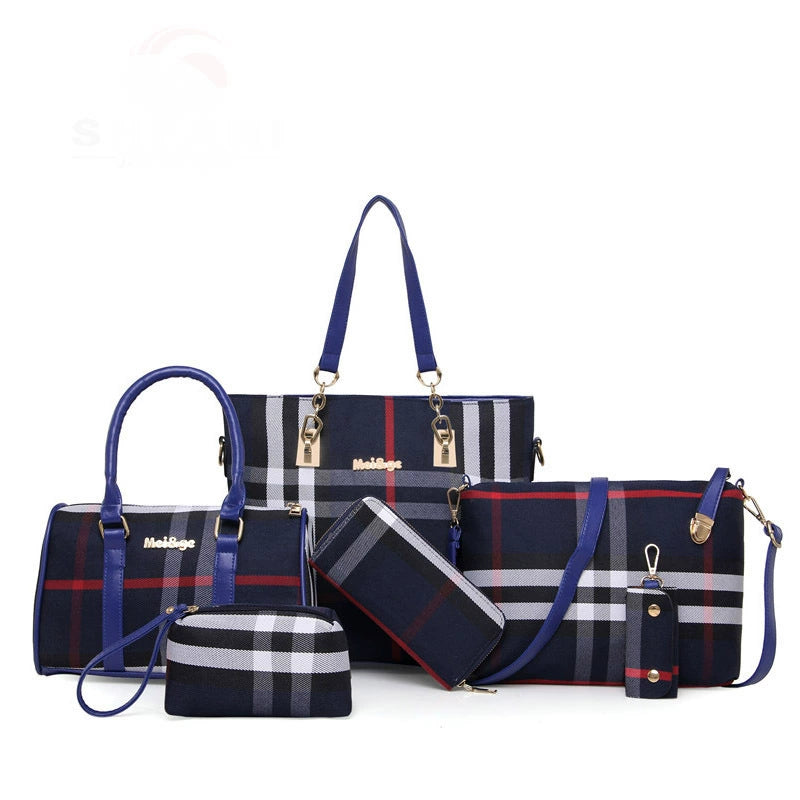 Set 6 Genti din Piele Ecologică, Model Dungi, Albastru