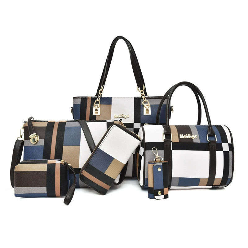 Set 6 Genti din Piele Ecologică, Model Geometric, Albastru