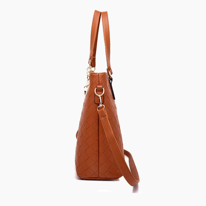Set 6 Genti din Piele Ecologica, Model Impletit, Cognac